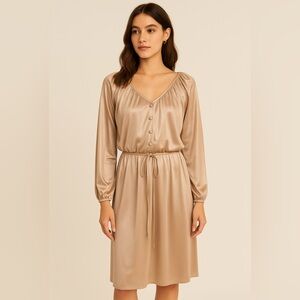 Vintage Champagne Satin Dress Size S Split Sleeve V-Neck Waist Tie Elegant Retro
